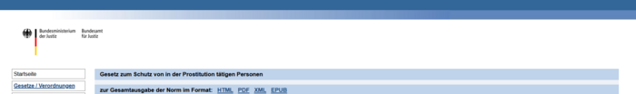 Screenshot am 23. Juli 2023: www.gesetze-im-internet.de/prostschg Links oben im Bild ein Paragraph, das Logo des Bundesministerium der Justiz.&quot;Gesetz zum Schutz von in der Prostitution tätigen Personen&quot;