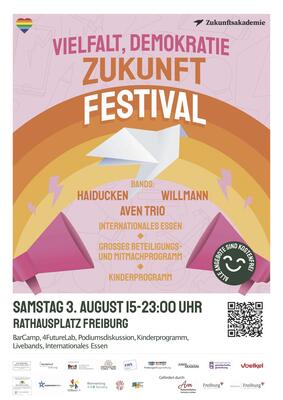 Plakat vom Velfalt, Demokratie, Zukunfts Festival - Bands: Haiducken, Willmann, Aven Trio; Samstag 3. August 15-23 Uhr, Rathausplatz Freiburg