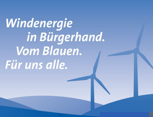Zwei Windräder auf Bergen in Blau. Schrift: Windenergie in Bürgerhand. Vom Blauerm. Für uns alle