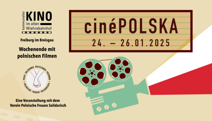 Ein Screenshot der Titelseite des Programms &quot;CinéPolska&quot; zeigt ein illustriertes Bandabspielgerät aus dem die polnischen Nationalfarben (weiß-rot) ausgestrahlt werden. Außerdem Logos von Koki und Polnische Frauen Solidarisch.