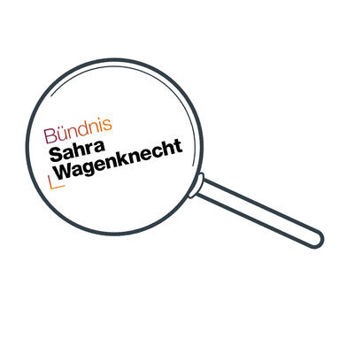 In einer Lupe ist das Logo von &quot;Bündnis Sahra Wagenknecht&quot; zu sehen.