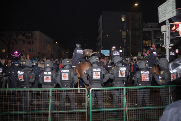 Hamburger Gitter, dahinter Spalier behelmter Polizei, 4 Polizei auf Pferden und dahinter Demonstrierende.