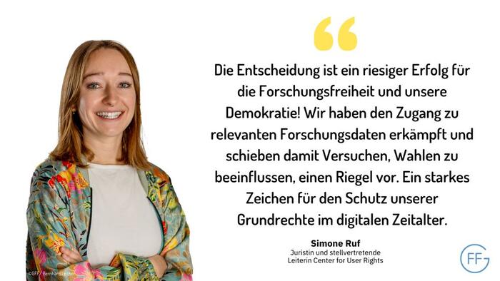 Sharepic: &quot;Die Entscheidung ist ein riesiger Erfolg für die Forschungsfreiheit und unsere Demokratie! Wir haben Zugang zu relevanten Forschungsdaten erkämpft und schieben damit Versuchen, Wahlen zu beeinflussen, einen Riegel vor. Ein starkes Zeichen für 