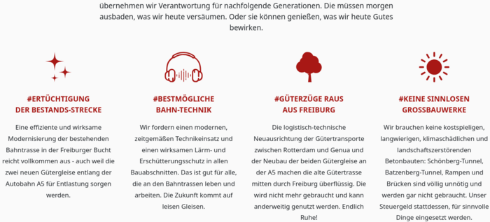  Sterne  #Ertüchtigung der Bestands-Strecke  Eine effiziente und wirksame Modernisierung der bestehenden Bahntrasse in der Freiburger Bucht reicht vollkommen aus - auch weil die zwei neuen Gütergleise entlang der Autobahn A5 für Entlastung sorgen werden.