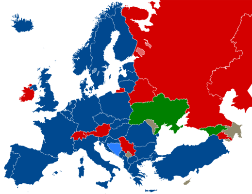 Karte Europas mit NATO-Mitgliedern und -Beitrittskandidaten in blau, Staaten, die keinen Beitritt planen in rot und Ukraine und Georgien in grün.