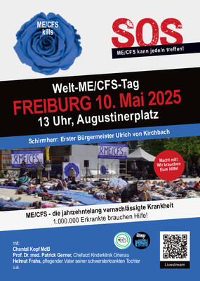 Welt ME CFS Tag 10.Mai 2025 Rote und weiße Schrift auf scharz blauem Grund darüber blaue Rose mit weißer Aufschrift: ME /CFS kills