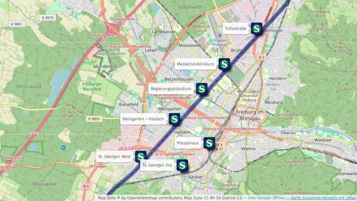 Die bisherige Güterbahnlinie durch Freiburg in der Zukunftsprognose mit 6 S-Bahnlinien
