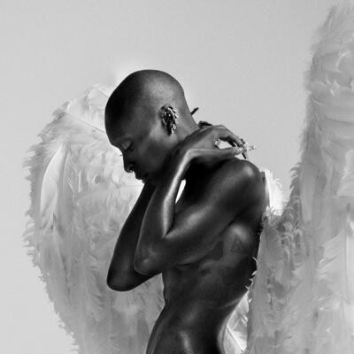 Cynthia Erivo ist im Bild fast nackt und hat zwei sehr große weiße, flauschig aussehendeFlügel auf dem Rücken. Ihr Kopf ist wie immer kahl rasiert und sie berührt im Bild mit beiden Händen ihren Rücken ziemlich direkt unterhalb ihres Nackens. 