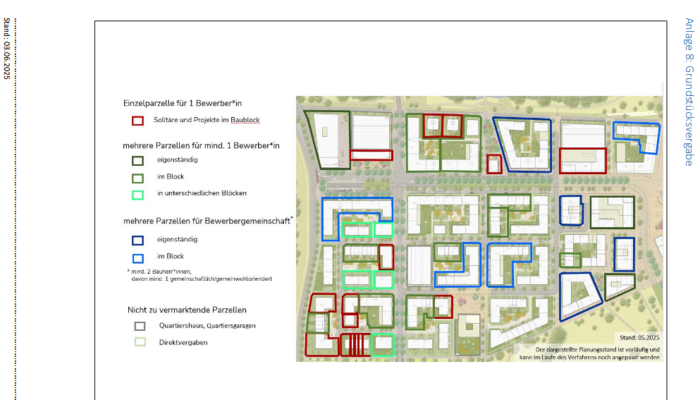 Farblich gestalteter Grundstücksvermarktungsplan des 1. Bauabschnitt des Stadtteil Freiburg-Dietenbach