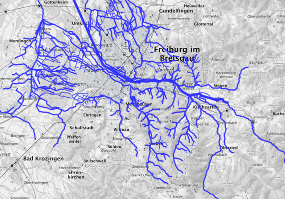 Zuflüsse bei Strakregenereignissen in Freiburg mit 5cm Überflutungsgefahr