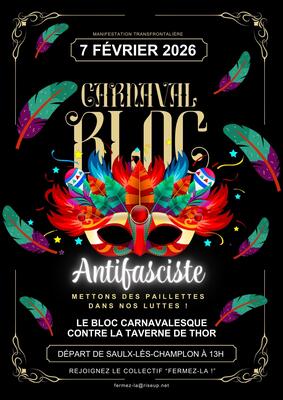 Plakat zur Antifademo Saulx-lès-Champlon - für den Karnevalsblock mit bunter Maske