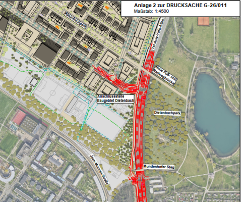 Ausschnitt der Planung des Südlichen Eingang Dietenbach neu mit mehr Kahlschlag und größeren Rückstau