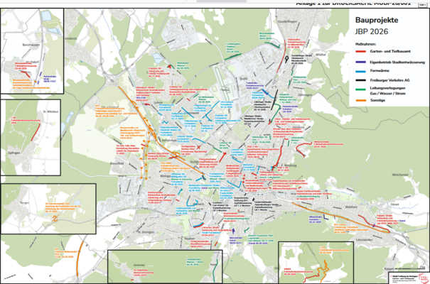 Layer aller Strassenbaumassnahmen 2025 auf Freiburger Strassen