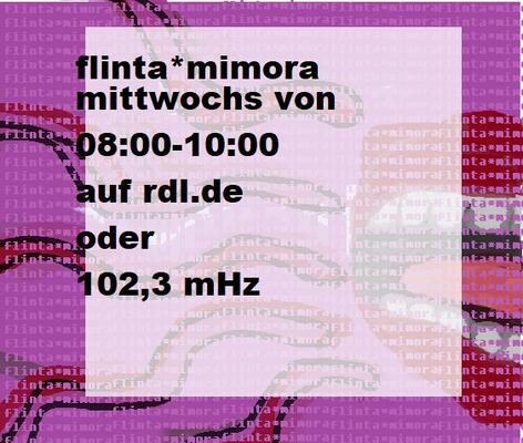 Pinkes Bild mit Text "flinta*mimora" mittwochs von 08-10 uhr auf rdl.de und 102,3 mhz, im hintergrund ein roter mund mit zähnen und zunge aus dem kommen wellen-artige bewegungen raus