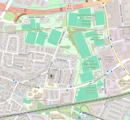 Open Street map Karte, die den Bereich der Spoartachse Süd zeigt