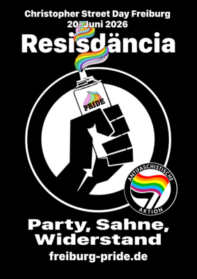 Plakat vom CSD 2026: Resisdäncia – Party, Sahne, Widerstand mit Antifaschistische Aktion Logo, inklusive Regenbogenfahne