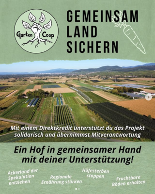 Der Landkauf hat geklappt Foto mit gekauften Flächen bei Mengen und Text: Gemeinsam Land sichern - Mit einem Direktkredit unterstützt du das Projekt solidarisch und übernimmst Mitverantwortung