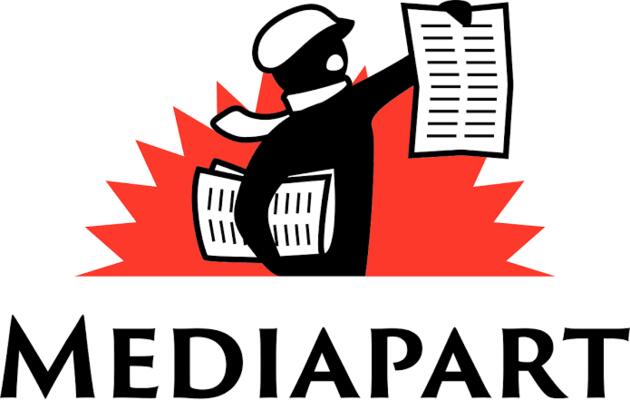 Mediapart, unabhänigiger Investigativjournalismus seit 2008 Eine schwarze Person die vor einem halbierten roten Stern mit 26 Zacken Zeitungen austrägt
