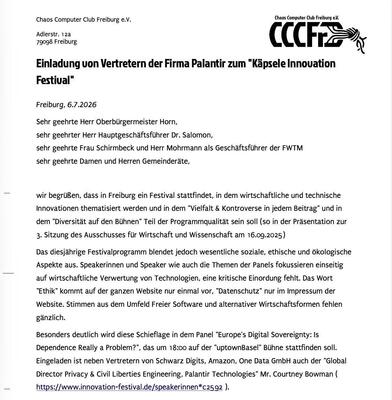 offener Brief vom CCC, zu finden auf: https://cccfr.de/assets/presse/2026-07-06-palantir-kaepsele.pdf