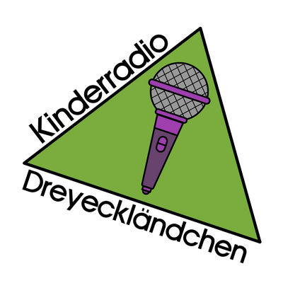 Das Logo vom Kinderradio Dreyeckländchen zeigt ein lila Mikrofon auf grünem Dreieck.