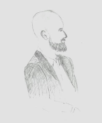 Zeichnung des IT-Experten: Er sitzt mit Anzug aufrecht, das Gesicht im Profil