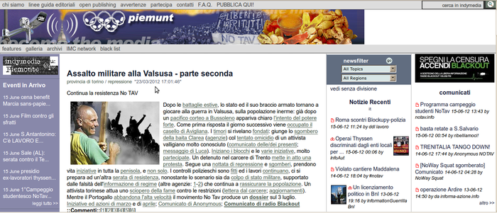 Indymedia Piemont - noch zugänglich am 15.Juni