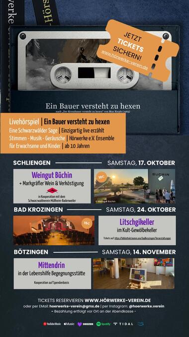 NEUE LIVE-HÖRSPIELE  im Herbst 2026!  17. Oktober 2026 - Schliengen, Weingut Büchin Livehörspiel, Markgräfler Wein &amp; Verköstigung Einlass: 18 Uhr - Beginn: 19 Uhr  24. Oktober 2026 - Bad Krozingen, Litschgikeller Livehörspiel im Gewölbekeller Einlass: 19: