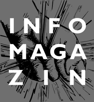 Logo des Infomagazins: Faust fängt Radiowellen ein, grauer Hintergrund, Weiße Schrift zeigt Aufschrift "Infomagazin"