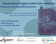 Das Bild zeigt die Kerndaten des dreiteiligen Podcast auf einem hellblauen Hintergrund. Rechts ist ein rechteckiger Bildausschnit mit Querdenker*innen zu sehen, die Schilder tragen, mit Slogans, wie: &quot;Ukraine-Krieg = Stellvertreterkrieg USA gg. Russland&quot;