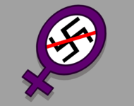 Ein Frauenzeichen mit durchgestrichenem Hakenkreuz im Kreis