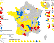 KandidatIn mit den (relativ) meisten Stimmen in jedem Parlamentswahlkreis nach der ersten Runde der Präsidentschaftswahl 2017. Gelb: Macron; Grau: Le Pen; Rot: Mélenchon; Blau: Fillon.