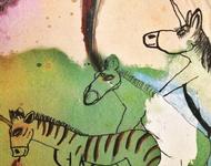 Der Ausschnitt eines CocoRosie-Covers zeigt drei Pferde / Zebras / Einhörner beim gemeinsamen Sex, wobei eins gleichzeitig kotzt und ein anderes einen Regenbogen versprüht.