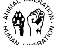 Animal Liberation - Human Liberation. Symbol. Text im Kreis angeordnet. In der Mitte Faust & Pfote.