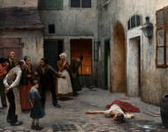 Schikaneder malte diese Geschichte eines Frauenmordes in den unteren Gesellschaftsschichten auf eine mehr als zwei Meter hohe und drei Meter breite Leinwand.