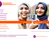 Website der Frauenhauskoordinierung e.V. zwei lachende Frauen mit Hijab halten ein Foto von sich in die Kamera