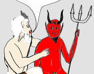 Karrikatur, in der Pan neben Satan sitzt, ihn von der Seite umarmt und sagt: "Ich bin dein Vaahhter. Satan, sieh es endlich ein!"