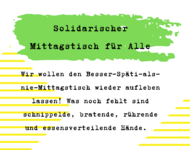 Der in hellen Farben (grün, gelb, hellrot) gehaltener Flyer mit den Eckdaten und dem Logo vom Stadtteiltreff Brühl-Beurbarung und dem "Besser spät als nie!"-Mittagstisch.