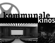 Header des Bundesverbands Kommunale Kinos mit Filmrolle, Kinosaal und Leinwand in Schwarz-Weiß
