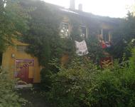 Besetztes Haus, überwuchert mit Efeu, Banner und Flaggen hängen aus den Fenstern