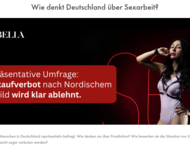 Erobella Website: Eine Frau in fliederfabenem Body mit  Lederriemen posiert lasziv vor dem Schriftzug "SEX" in roter Leuchtschrift auf dunklem Hintergrund. Daneben im roten Kasten: "Repräsentative Umfrage - Sexkaufverbot nach Nordischem Modell abgelehnt."