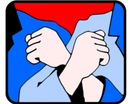 Logo der Roten Hilfe, zwei gezeichnete Menschen kreuzen ihre Arme zu einem X vor einem roten Hintergrund