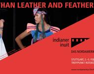 zwei Personen aus der Indigenous Fashion Show mit bunter Mode auf dem Flyer des Indianer Inuti Nordamerika Filmfestivals unter dem Motto "more than leather and feather"
