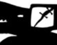 Kroko-Kopf - das Logo des Freiburger Filmforums: Ein Krokodilskopf Schwarz auf Weiß mit einem Fernseher als Kopf