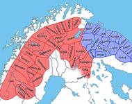 Landkarte: Rekonstruktion älterer samischer Communities SAmeby (entstanden aus den ursprünglichen lokalen Gemeinschaften (Siida) in Schweden-Finnland im 16. Jahrhundert und Siidor in Kola (bis Anfang 20. Jahrhundert)