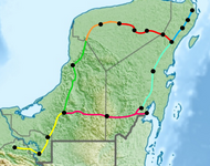 Hier ist die Route des Zugprojekts mit den einzelnen Abschnitten angezeigt. Wir sehen eine Karte im Südosten Mexikos.