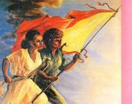 Motiv auf einem Schulheft: Eine Kämpferin in Militärdress und eine Frau laufen Arm in Arm mit der tigrinischen Flagge