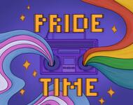 Radio mit Regenbogen und Transfarben, die aus den Lautsprechern fließen und der Schrift Pride Time