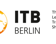 Logo von der Internationalen Tourismusbörse Berlin "The World's Leading Travel Trade Show", zeigt einen gelb-orangenen Globus