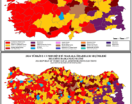 Karte der Türkei zeigt die Wahlergebnisse der Provinzen (oben) und der Bezirke (unten). V.a. der Westen ist rot gefärbt, die Farbe der CHP.