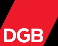 Das DGB-Logo zeigt einen breiten, roten Streifen, von linksunten nach rechtsoben. Unten steht in weißen Großbuchstaben DGB.